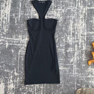 Black racerneck cutout detailed, ribbed Mini Dress